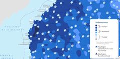 Ennusteiden mukaan pohjalaismaakunnissa vesi on korkealla. Kuvakaappaus vesi.fi:n karttapalvelusta 26.4.2023.