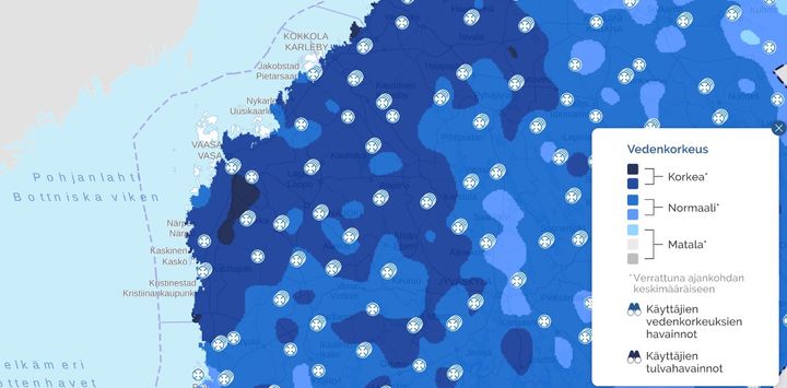 Ennusteiden mukaan pohjalaismaakunnissa vesi on korkealla. Kuvakaappaus vesi.fi:n karttapalvelusta 26.4.2023.