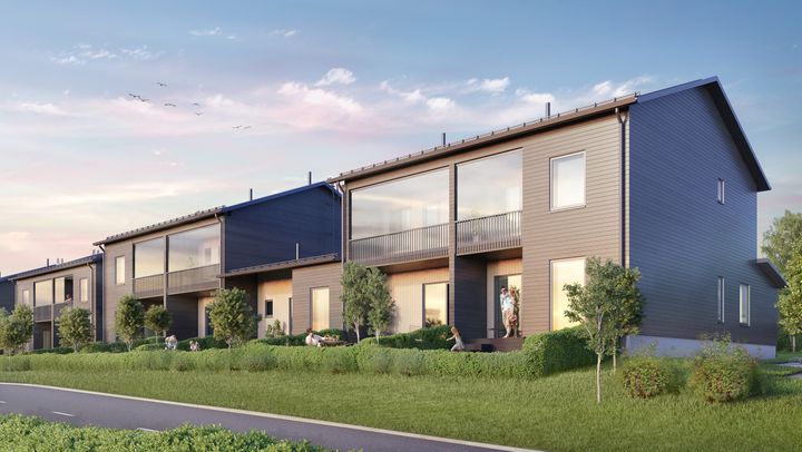 Asunto Oy Jyväskylän Kaskenhovissa on panostettu asumismukavuuden lisäksi alhaisiin elinkaaren aikaisiin ympäristövaikutuksiin ja energiatehokkuuteen. Havainnekuva: UKI Arkkitehdit Oy