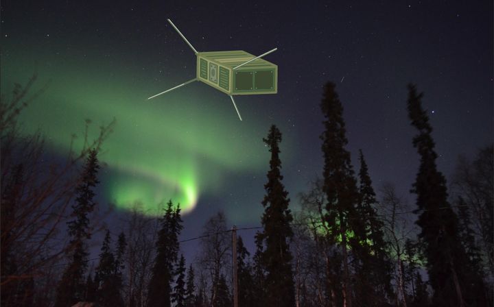 Hahmotelma LappiSat-piensatelliitista, Elsa ja Eija Tanskanen. Taustan revontulikuva: Jouni Envall.