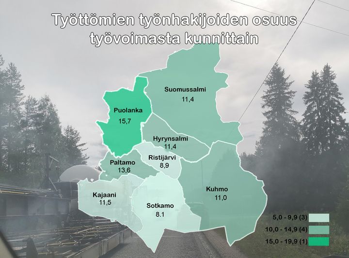 Työttömien työnhakijoiden määrä kunnittain Kainuussa heinäkuussa 2021.