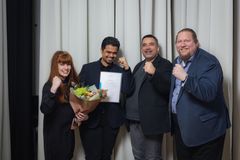 Profes-tapahtuman järjestäjätiimi kävi noutamassa parhaan kongressitapahtuman palkinnon. Kuvassa: Taija Kolehmainen (vas.), Rahul Mohanani, Tommi Mikkonen ja Pekka Abrahamsson. Kuva: Tero Takalo-Eskola.