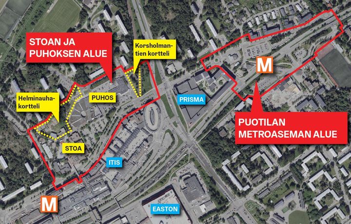 Helsingin kaupunki valmistelee kahta asemakaavan muutosta punaisella rajatuille suunnittelualueille. Kuva: Helsingin kaupunki