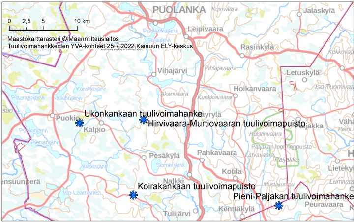 Ukonkankaan tuulivoimahankkeen sijoittuminen kartalla.