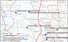 Koirakankaan ja Hirvivaara-Murtiovaaran tuulivoimapuistojen sijoittuminen kartalla.
