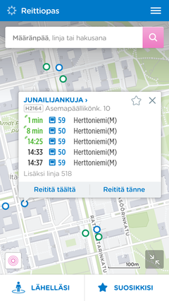 Uudessa Reittioppaassa matkustaja näkee yhdellä silmäyksellä, mitä joukkoliikennevälineitä lähipysäkeiltä seuraavaksi lähtee.