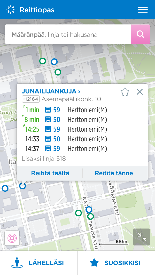 Uudessa Reittioppaassa matkustaja näkee yhdellä silmäyksellä, mitä joukkoliikennevälineitä lähipysäkeiltä seuraavaksi lähtee.