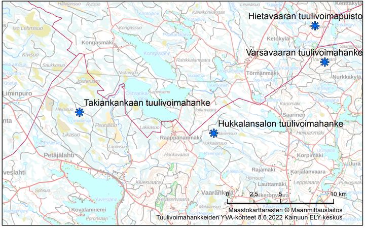 Takiankankaan-Hukkalansalon tuulivoimahanke Paltamon ja Puolangan kuntien alueella.
