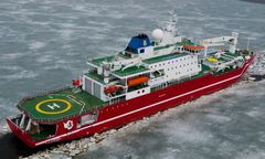 S. A. Agulhas II on vuonna 2012 Suomessa valmistettu, Etelä-Afrikan tilaama tutkimusalus antarktiselle alueelle. Se on varustettu laivan ja jään vuorovaikutusta tutkivilla sensoreilla. Kuva: Falklands Maritime Heritage Trust