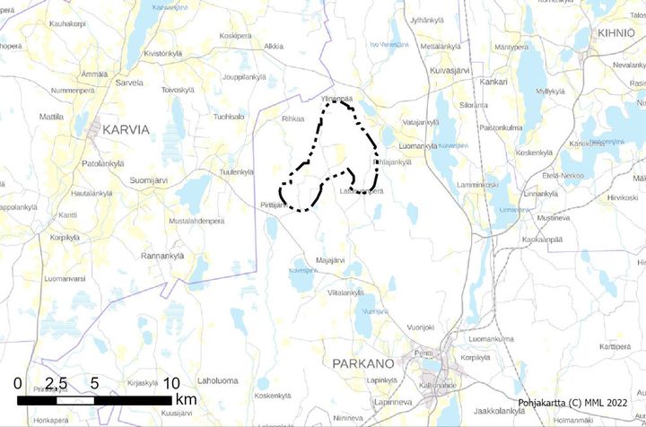 Takakangas-Pihlajaharjun alueelle Parkanoon suunnitellaan tuulivoimaloiden rakentamista. Kartta: Sitowise Oy.