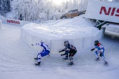 Patrik Merz of Switzerland, Paavo Klintrup of Finland and Matt Johnson of the United States compete during the Last Chance Qualifier at the fifth stage of the ATSX Ice Cross Downhill World Championship at the Red Bull Crashed Ice in Jyvaskyla, Finland on February 1, 2019.
Photocredit: Red Bull Content Pool / Daniel Grund