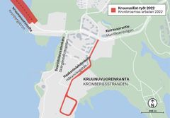 Kruunusillat-raitiotien työmaat Kruunuvuorenrannassa vuonna 2022.