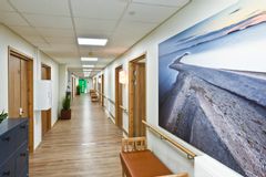Puunväriset ovet ja ikkunoiden karmit luovat selkeät kontrastit aistiesteettömälle kokonaisuudelle.