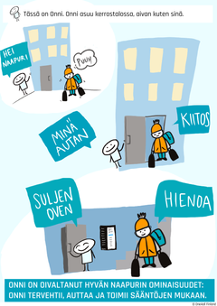 Onni Oivaltaa -sarjakuva opettaa muun muassa kuinka naapurit kohdataan. (Copyright One4all Finland Oy)