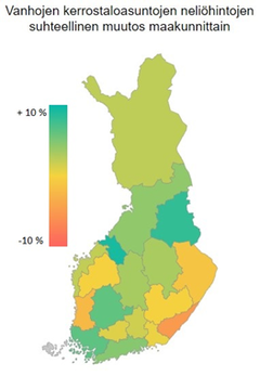 Kerrostaloasuntojen keskimääräisissä neliöhinnoissa on yhä havaittavissa eriytymistä. Etelä-Karjala laahaa muuta maata jäljessä 5 prosentin hintojen laskulla. Suuressa osin maata hintakehitys oli kuitenkin positiivista.