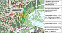 Kartbild av Finno centrums planeringsområde med miljön kring fågelbassängen. Bild: Esbo stad