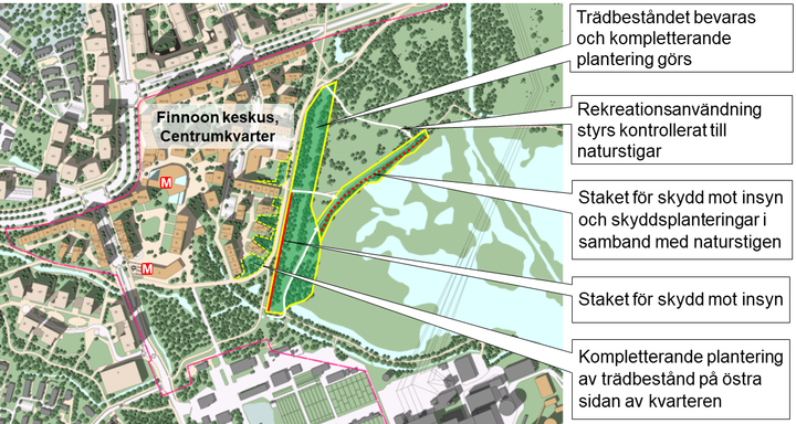 Kartbild av Finno centrums planeringsområde med miljön kring fågelbassängen. Bild: Esbo stad