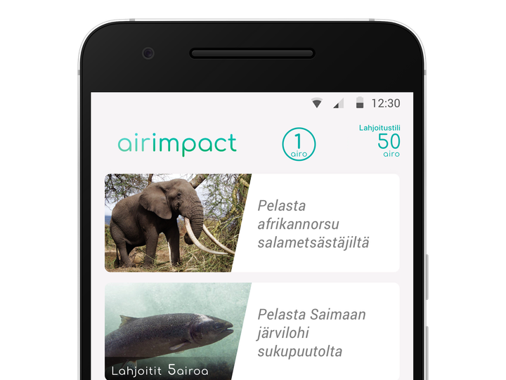 AirImpact-hyväntekeväisyyssovelluksen tuleva päänäkymä, josta käyttäjät voivat valita mieleisensä lahjoituskohteet (kohteet esimerkkejä).