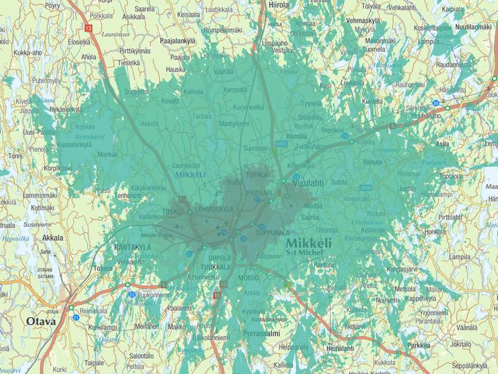Kuvassa vaaleampi vihreä väri kuvaa normaalia 4G-/5G-peruspeittoa, ja tummempi vihreä erityisen nopeaa, 3,5 GHz:n taajuudella toimivaa 5G-verkkoa.
