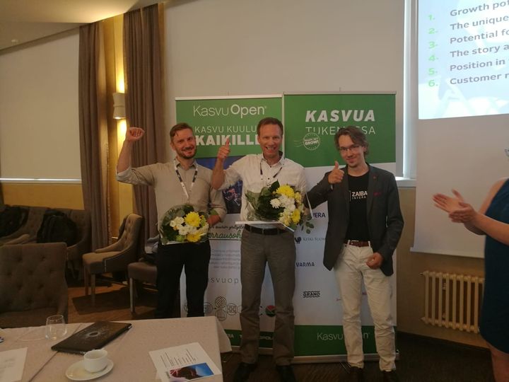 Kuvassa vasemmalta: Joni Borgström (Pengon), Kalle Ylösjoki (Ekolet), Herkko Pirskanen (Zaibatsu Interactive).