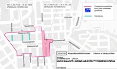 Vapun aikaiset liikennejärjestelyt ydinkeskustassa.