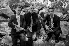 UMO Jazz Noir: Jukka Perko, saksofoni,  Joonas Tikkanen, videoinstallaatio ja Jukka Eskola, trumpetti. Kuva Emma Huttu