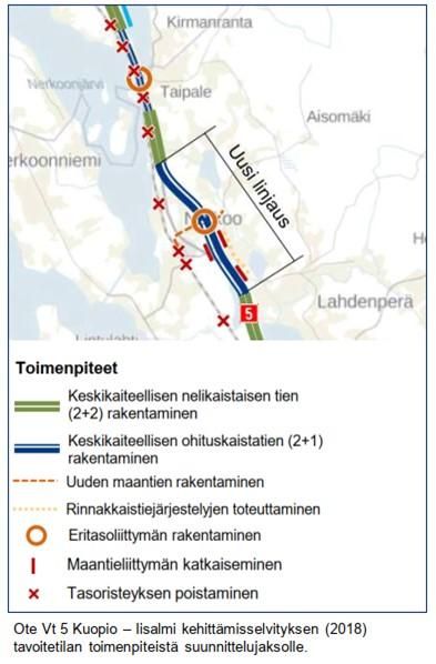 Ote Vt 5 Kuopio - Iisalmi kehittämisselvityksen (2018) tavoitetilan toimenpiteistä suunnittelujaksolle.