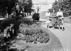 Herättäjäjuhlien seuraväkeä Ainolan puistokäytävällä Oulussa kesällä 1960. © Museoviraston kuvapalvelu (JOKA Journalistinen kuva-arkisto).