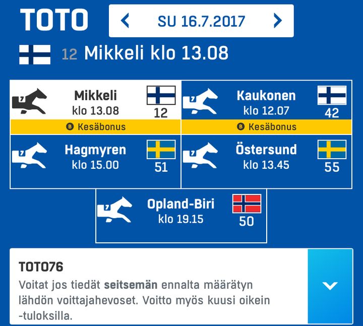 Ensi viikonloppuna ravataan Mikkelissä St Michel ja pelataan Toto76-peli.