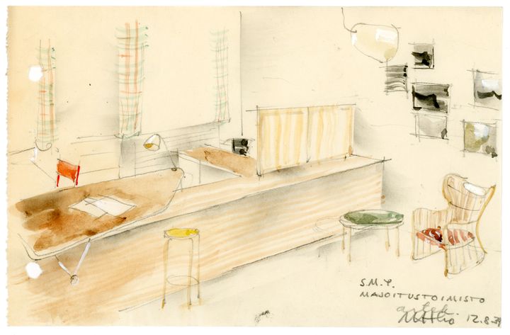 Perspective sketch for Suomen Matkailijayhdistys office in 1939. Drawing archive of Alvar Aalto Foundation.