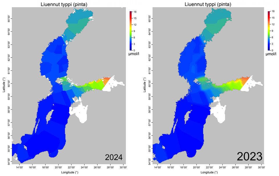 Typpiravinteiden pitoisuus pintavedessä talvella 2024 ja 2023