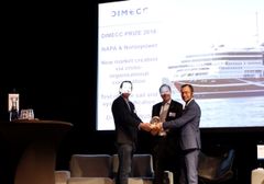 Tuomas Riski, the CEO of Norsepower, and the Director, Services, Shipping Solutions at NAPA, Risto-Juhani Kariranta, accepted the DIMECC Prize 2018 handed by the CEO of DIMECC, Harri Kulmala. Photo: Ingmar Baarman, DIMECC