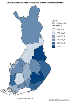 Omaa eläkettä saaneiden väestönosuus maakunnittain 2020