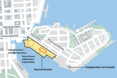 Planeringsområdet i östra delen av Södra hamnen på kartan. Bild: Helsingfors stad