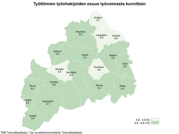 Maakunnan alhaisimmat työttömien työnhakijoiden osuudet olivat Evijärvellä (2,7 %), Kuortaneella (3,8 %), Ilmajoella (4,5 %) ja Vimpelissä (4,8 %).