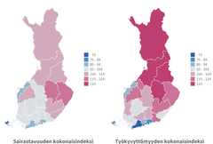 Hyvinvointialueiden erot sairastavuudessa ja työkyvyttömyydessä 2019–2021, ikävakioidut indeksit