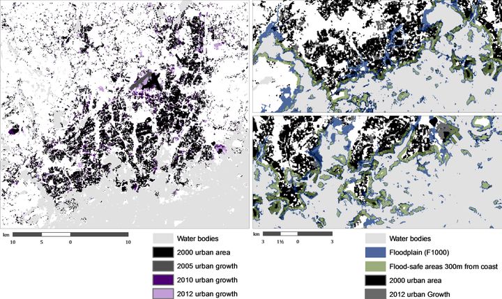 Kuva simuloi kaupungistumista pääkaupunkiseudulla vuoteen 2040 mennessä. Tässä ennusteessa tulvariskejä ei ole otettu huomioon osana ilmastonmuutokseen sopeutumisen strategiaa. Kasvua on tapahtunut erityisen paljon tulville alttiilla rannoilla ja samanaikaisesti viheralueet ovat vähentyneet.