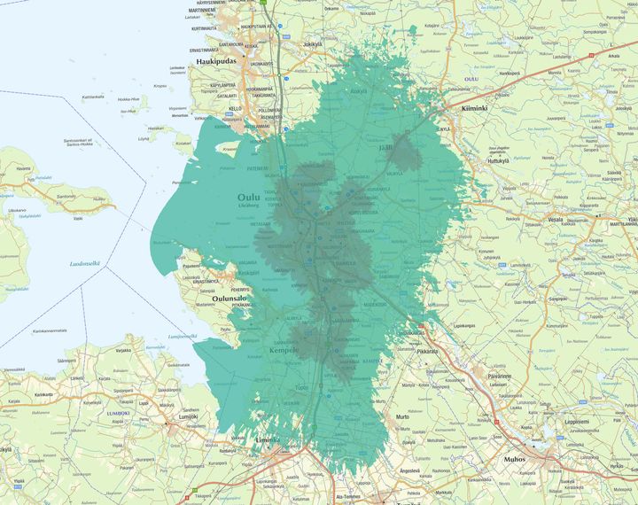 Kuvassa vaaleampi vihreä väri kuvaa normaalia 4G-/5G-peruspeittoa, ja tummempi vihreä erityisen nopeaa, 3.5 GHz:n taajuudella toimivaa 5G-verkkoa.