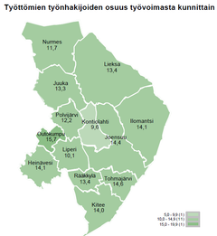 Työttömien osuus Pohjois-Karjalassa kunnittain, kesäkuu 2022.