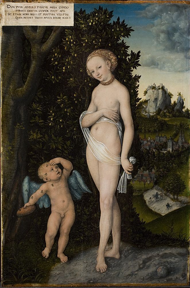 Lucas Cranach vanhempi,  d. ä., the Elder (Kronach 1472–1553 Weimar).
Venus ja Amor hunajavarkaissa.
Venus med Amor som honungstjuv.
Venus and Cupid the Honey Thief
1530.
Statens Museum for Kunst, Kööpenhamina, Köpenhamn, Copenhagen.