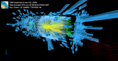 Kuvateksti: Yksi ensimmäisistä CMS-kokeella havaituista 13 TeV protoni-protoni törmäyksistä.
Kuvaaja: CMS kollaboraatio, 3.6.2015, Conditions of Use © 2015 CERN, for the benefit of the CMS Collaboration
KUVA: CMS-PHO-EVENTS-2015-004-1, https://cds.cern.ch/record/2021490