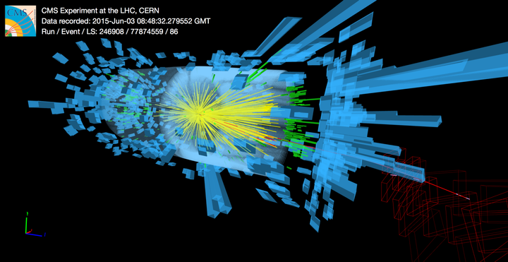 Kuvateksti: Yksi ensimmäisistä CMS-kokeella havaituista 13 TeV protoni-protoni törmäyksistä.
Kuvaaja: CMS kollaboraatio, 3.6.2015, Conditions of Use © 2015 CERN, for the benefit of the CMS Collaboration
KUVA: CMS-PHO-EVENTS-2015-004-1, https://cds.cern.ch/record/2021490