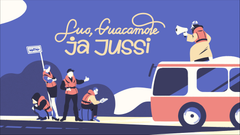 Piirroskuva esityksestä Suo, guacamole ja Jussi. Graafinen suunnittelu: Tiia Reijonen