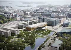 Helsingfors nya centrumbibliotek Ode kompletterar den kultur- och mediekoncentration vid Tölöviken, som utgörs av Musikhuset, Finlandiahuset, Sanomahuset och museet för nutidskonst Kiasma. Bild: Arkitekbyrån ALA