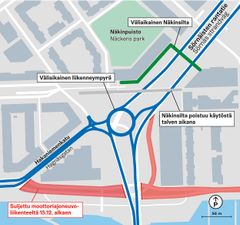 Väliaikainen kiertoristeys tulee keskelle Sörnäisten rantatietä Merihaan kohdalle.