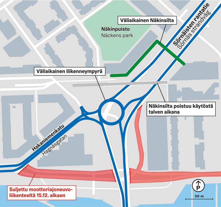 Väliaikainen kiertoristeys tulee keskelle Sörnäisten rantatietä Merihaan kohdalle.