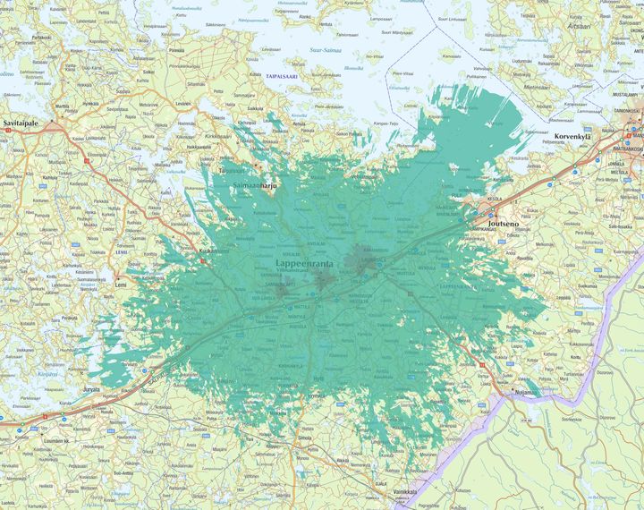 Kuvassa vaaleampi vihreä väri kuvaa normaalia 4G-/5G-peruspeittoa, ja tummempi vihreä erityisen nopeaa, 3.5 GHz:n taajuudella toimivaa 5G-verkkoa.