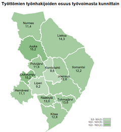 Työttömyysaste Pohjois-Karjalassa kunnittain marraskuussa 2022.