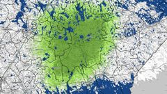 DNA:n antenniverkon Kouvolan Palomäen lähettimen näkyvyysalue