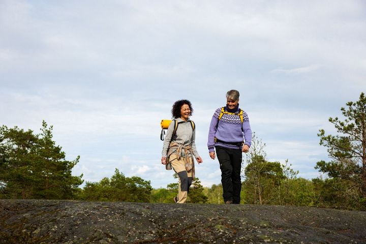 Kaksi retkeilijää kalliolla, taustalla metsää ja pilvinen taivas